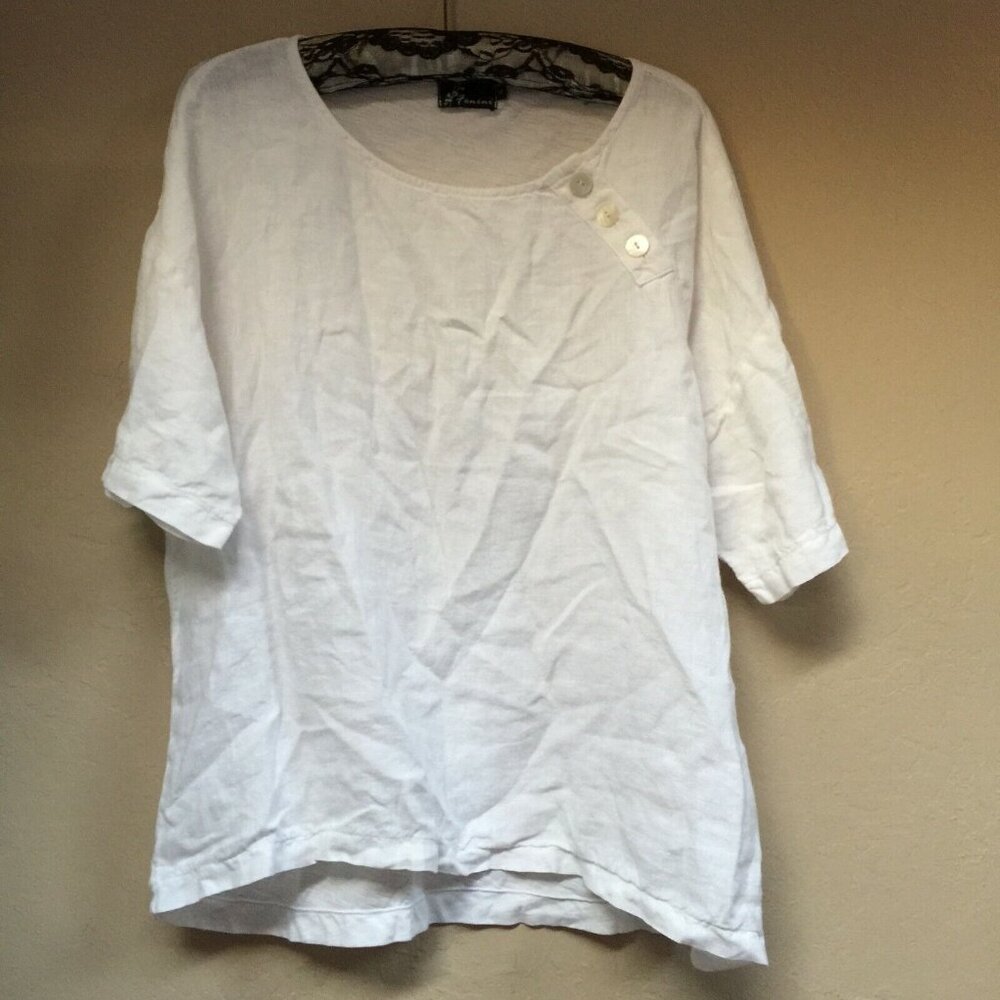 Fenini Women's Short Sleeve Casual Tunic Top Blouse Size Small White Scoop Neck